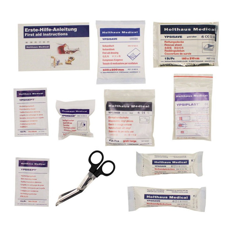 Materiales para botiquín MFH Coche Norma DIN 13167  de 27 piezas. Primeros auxilios.